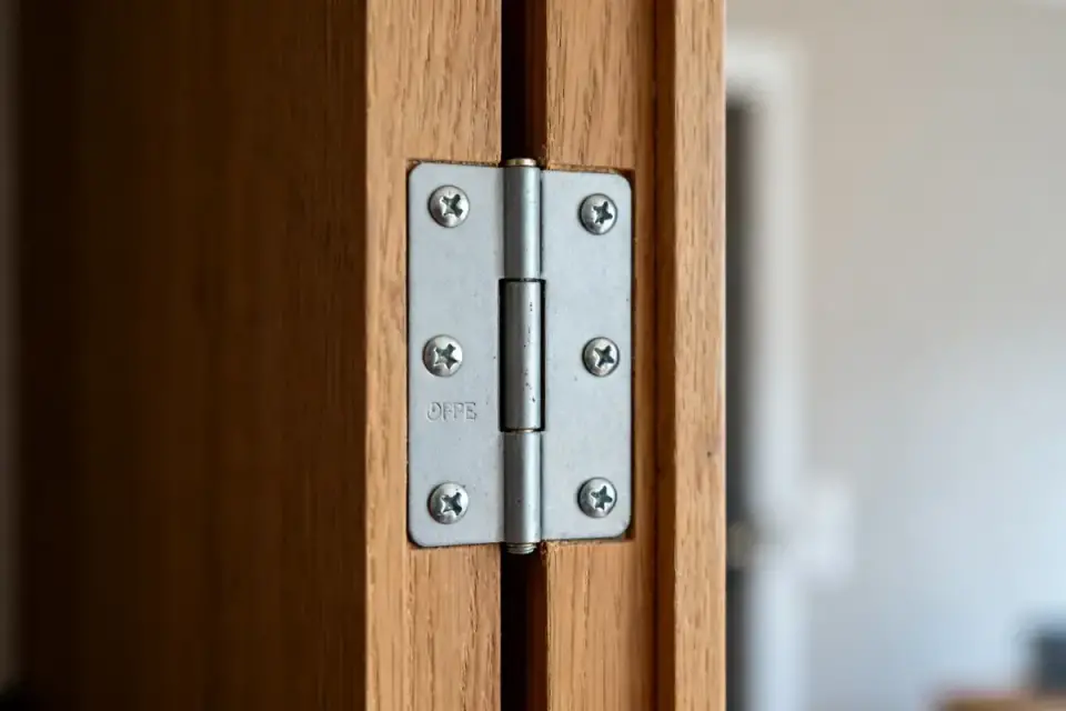 Charnière métallique montée sur porte en bois montrant comment poser une charnière plate aisément