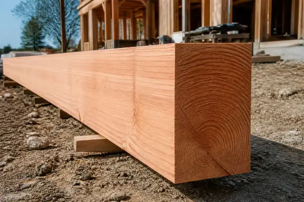 Gros plan sur une poutre en bois robuste devant un bâtiment en construction.