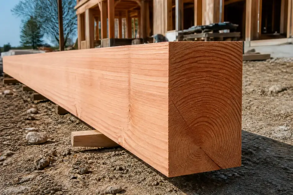 Gros plan sur une poutre en bois robuste devant un bâtiment en construction.