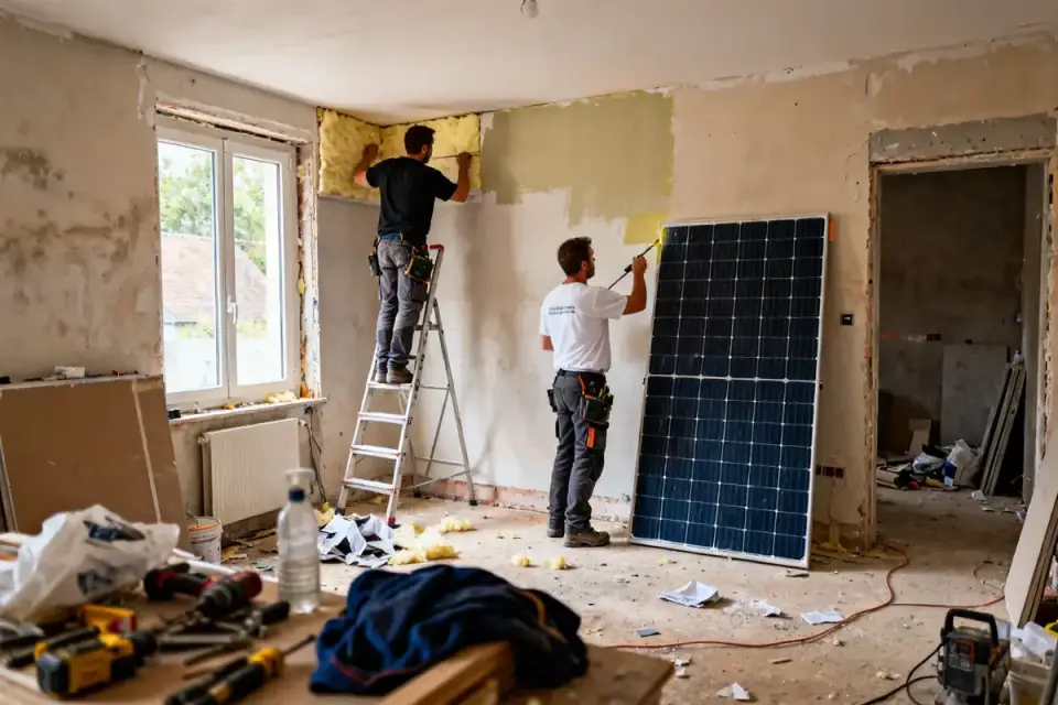 Travaux de rénovation énergétique avec prime éco énergie, installation d'isolation et panneau solaire