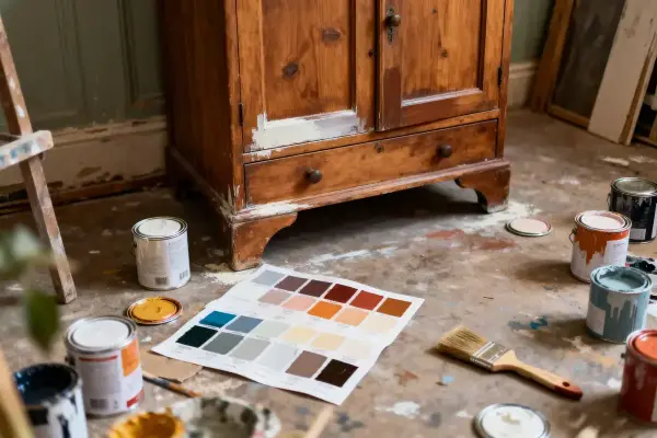 Palette de couleurs et pots de peinture autour d'un meuble en bois en cours de restauration.