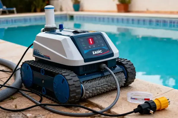 Un robot nettoyeur de piscine sur une terrasse, avec une piscine en arrière-plan.