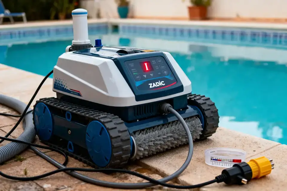 Un robot nettoyeur de piscine sur une terrasse, avec une piscine en arrière-plan.
