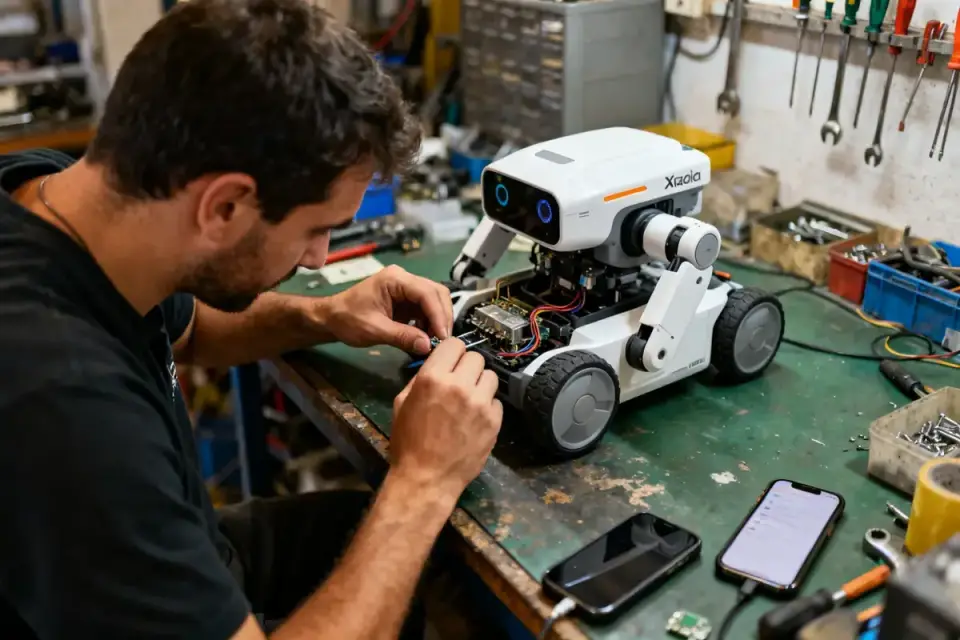 Technicien réparant le sav zodiac robot dans un atelier avec outils mécaniques autour