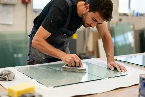 Homme ponçant le bord d'une vitre sur une table de travail, portant une salopette.