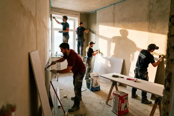 Quatre ouvriers rénovent une pièce en plâtrant les murs à la lumière naturelle.