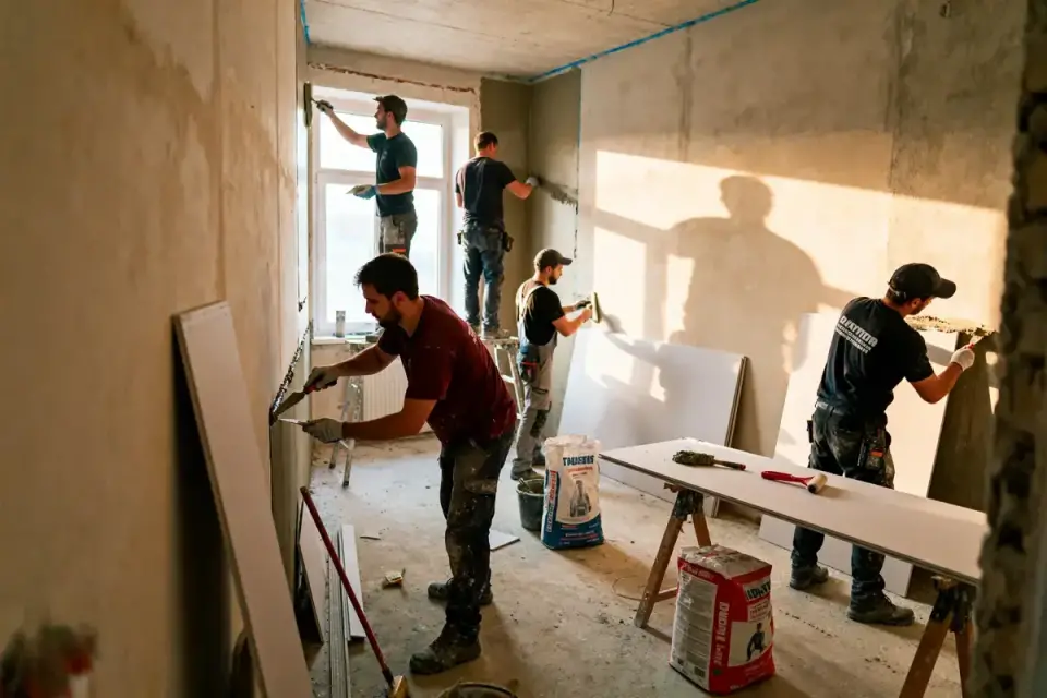 Quatre ouvriers rénovent une pièce en plâtrant les murs à la lumière naturelle.