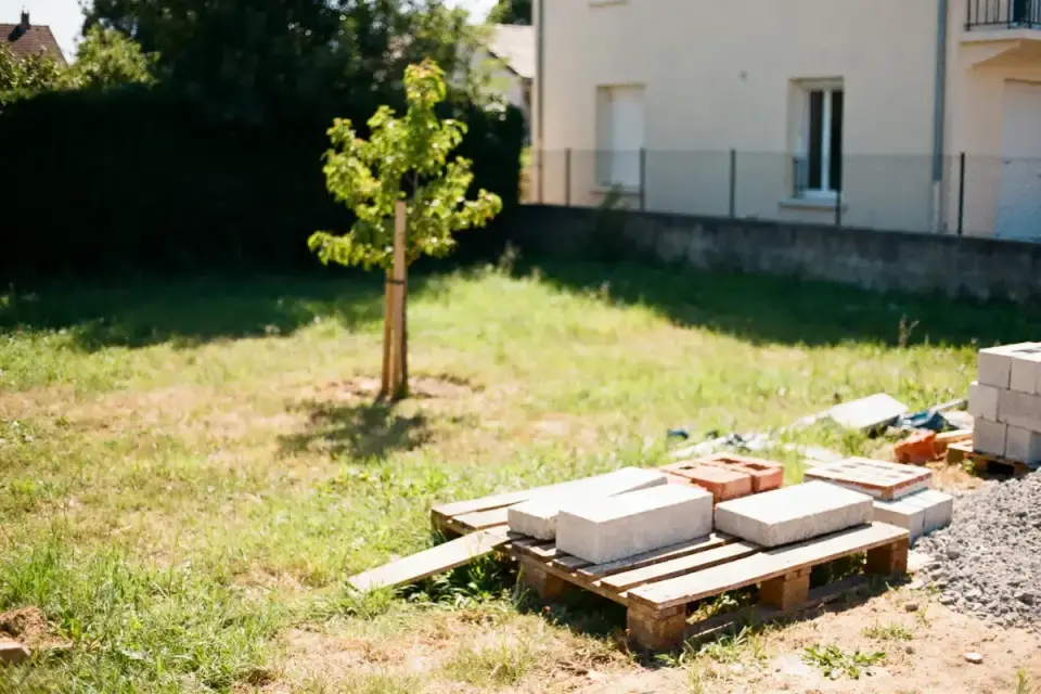 Palette en bois avec briques, terrain herbeux, petit arbre, maison en arrière-plan. Journée ensoleillée.