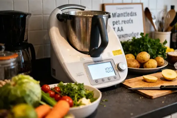 Thermomix en cuisine avec légumes et pommes de terre sur le plan de travail