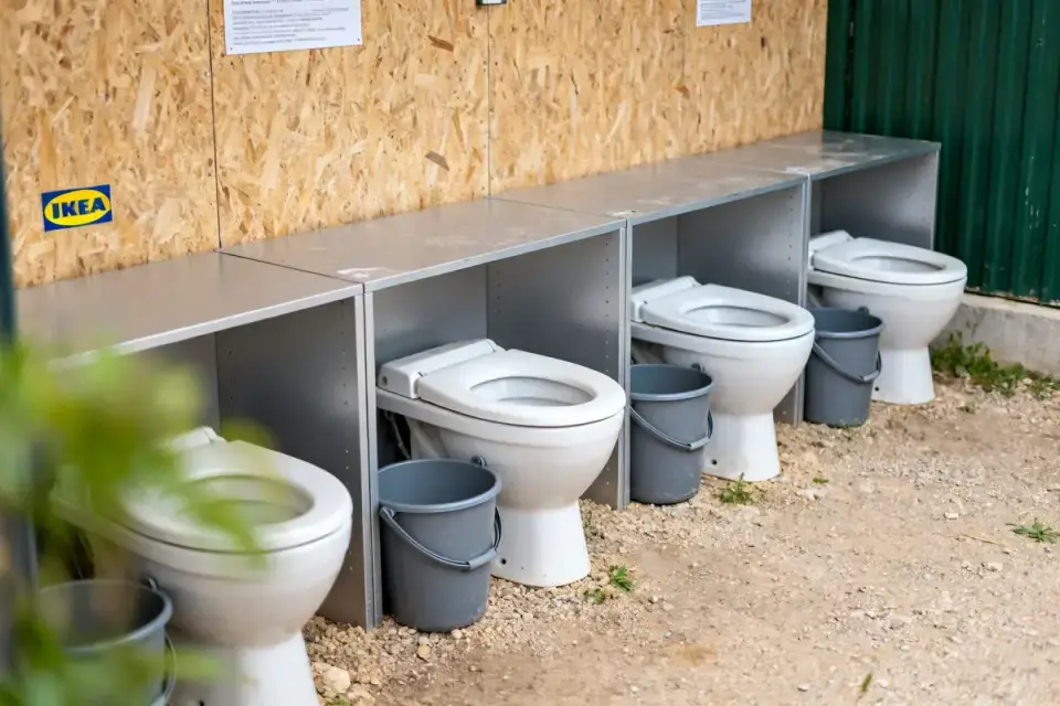 Quatre toilettes sèches ikea alignées avec seaux sur sol en gravier