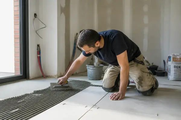 Un homme pose du carrelage au sol dans une pièce en rénovation, utilisant une taloche.