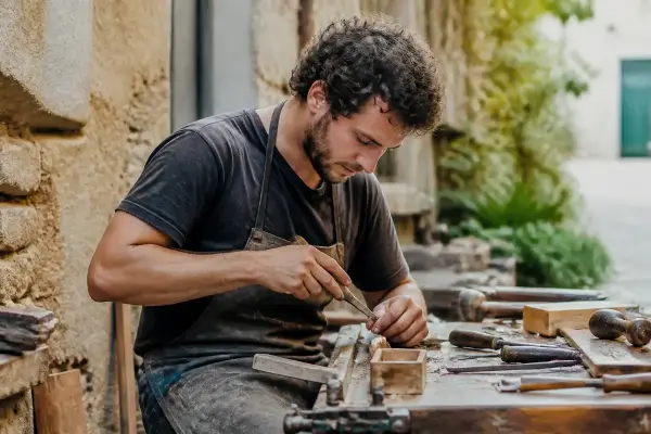 Artisan travaillant le bois avec un ciseau, concentré sur son ouvrage, entouré d'outils. Scène artisanale extérieure.