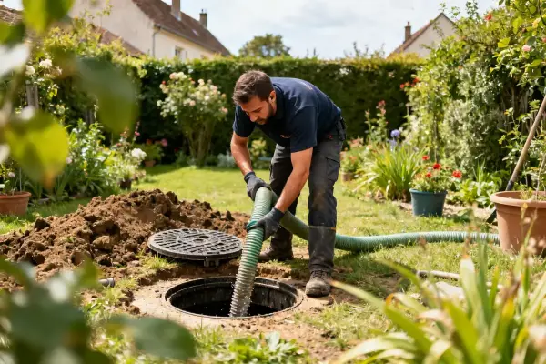 Personne vidange une fosse septique dans un jardin fleuri avec tuyau d'aspiration.