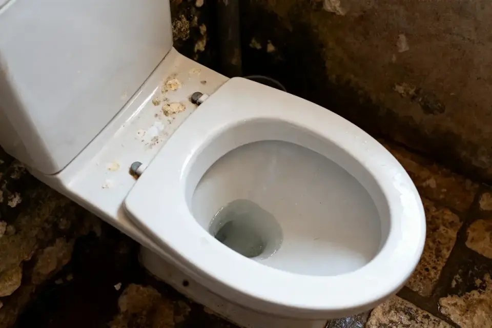 Toilettes sales avec taches et pierres apparentes, photographiées dans un environnement humide et délabré.