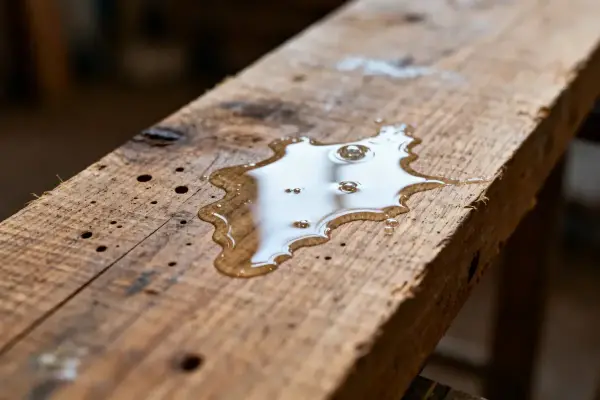 Tache de white spirit sur bois, surface avec texture et trous apparents