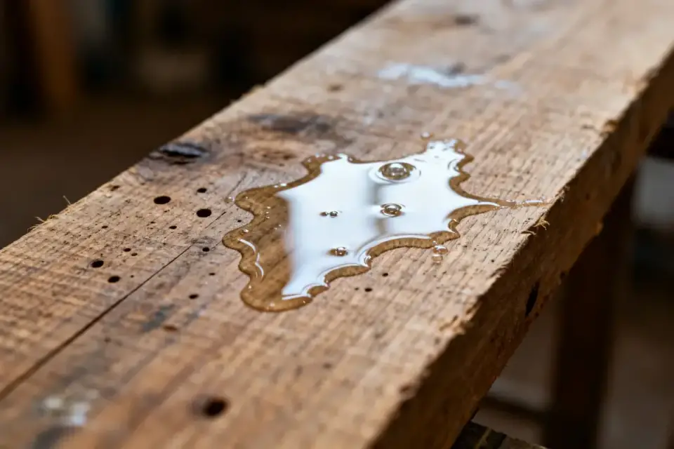 Tache de white spirit sur bois, surface avec texture et trous apparents